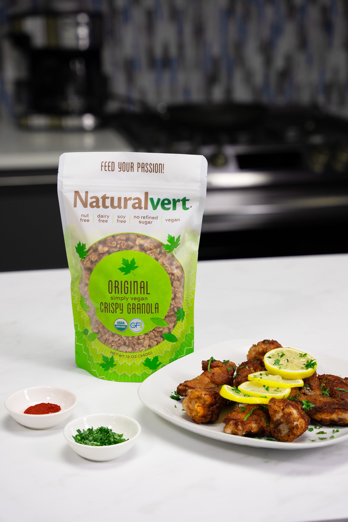 Fried chicken wings made with Original Vegan Naturalvert organic gluten-free vegan granola — recipe idea