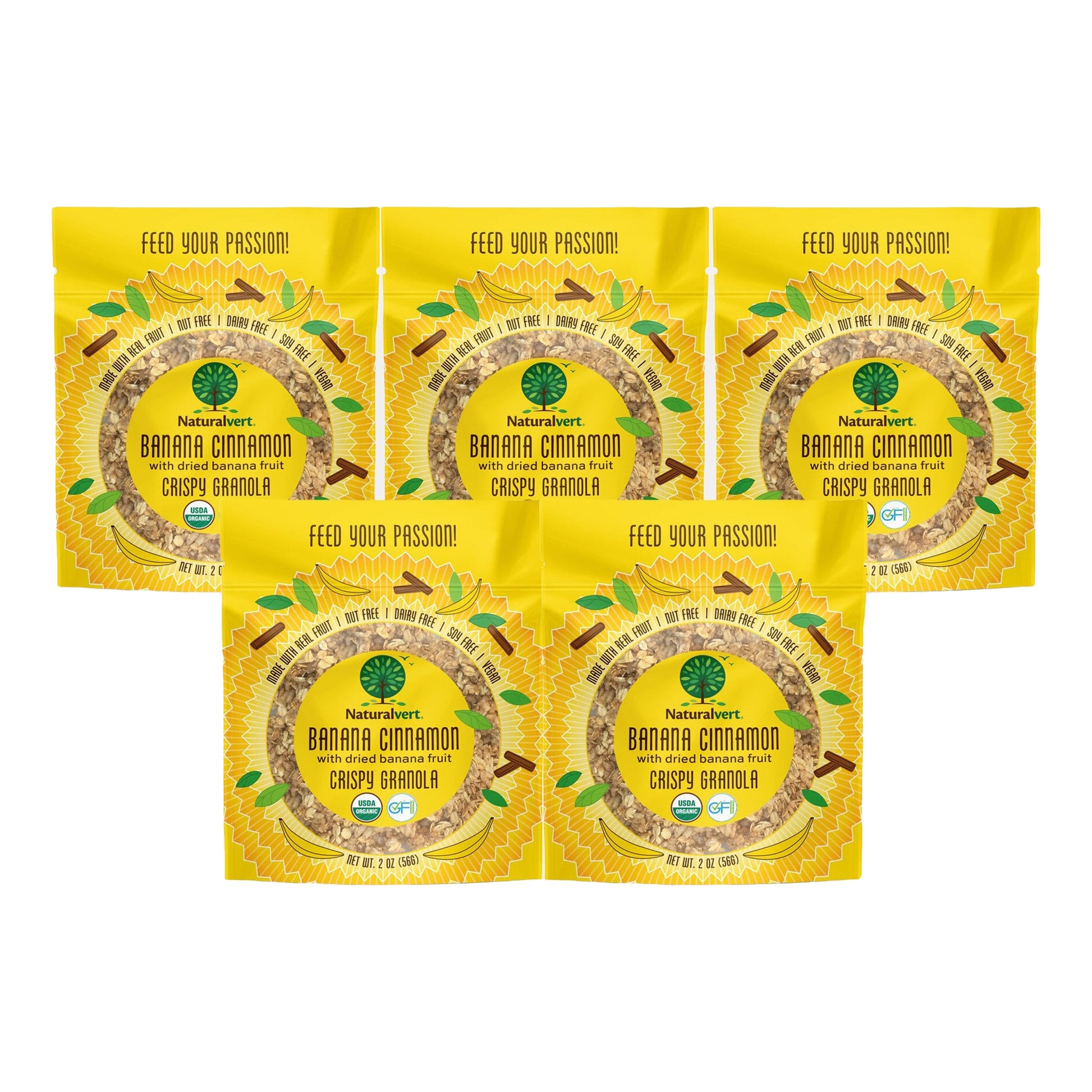 Organic, Gluten-free, vegan granola. made with real fruit. Nut free, soy free, dairy free. flavor Banana cinnamon 2oz