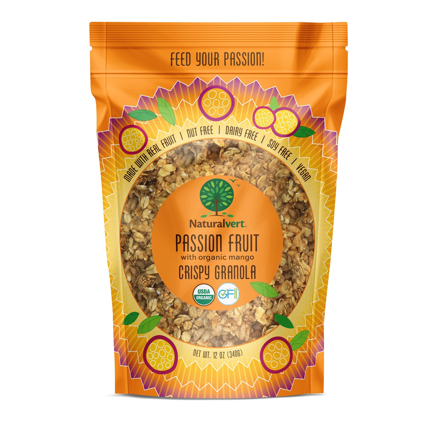 Organic, Gluten-free, vegan granola. made with real fruit. Nut free, soy free, dairy free. Flavor Passion Fruit mango.