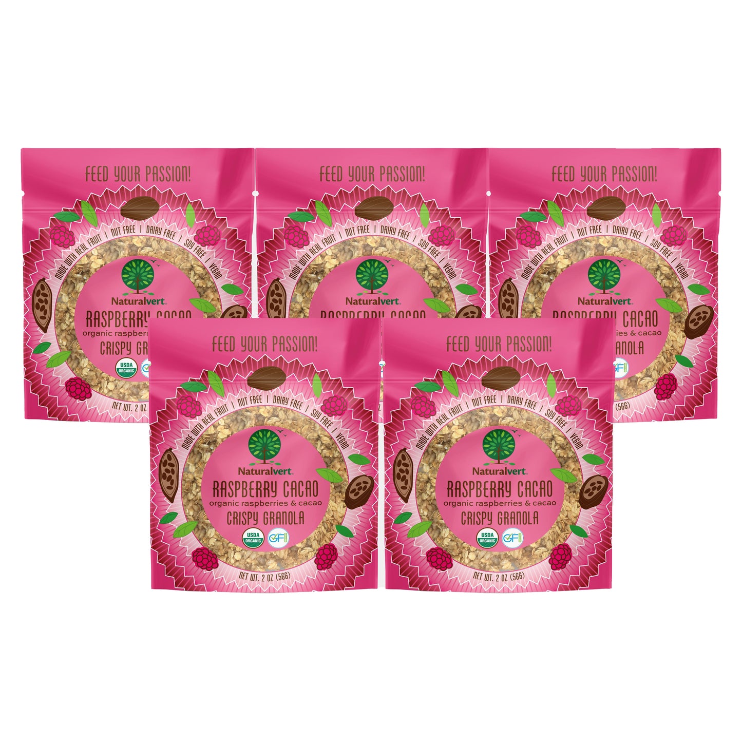 Organic, Gluten-free, vegan granola. made with real fruit. Nut free, soy free, dairy free. Raspberry Cacao flavor.