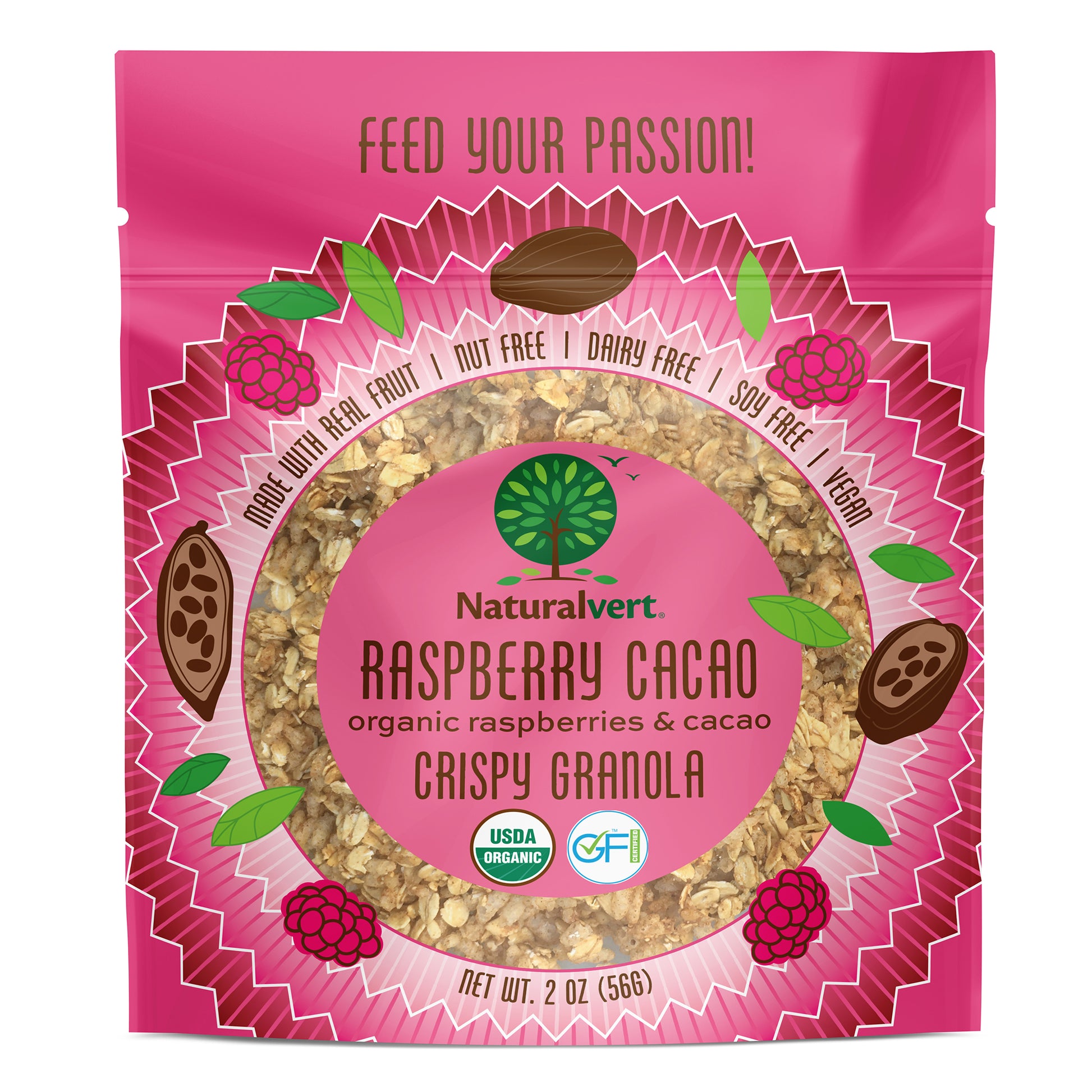 Organic, Gluten-free, vegan granola. made with real fruit. Nut free, soy free, dairy free. Raspberry Cacao flavor.