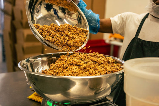 Bowl of organic gluten-free granola ready for an allergy-friendly Thanksgiving breakfast