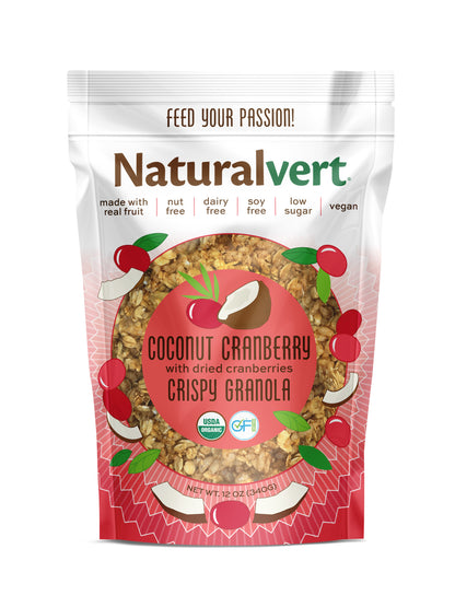 Coconut Cranberry Naturalvert organic gluten-free vegan granola 12oz bag, front of package