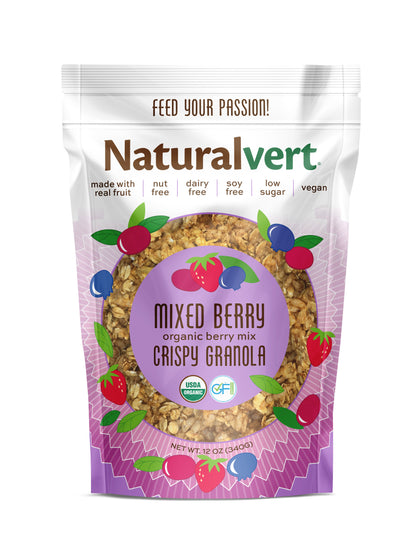 Mixed Berry Naturalvert organic gluten-free vegan granola 12oz bag, front of package