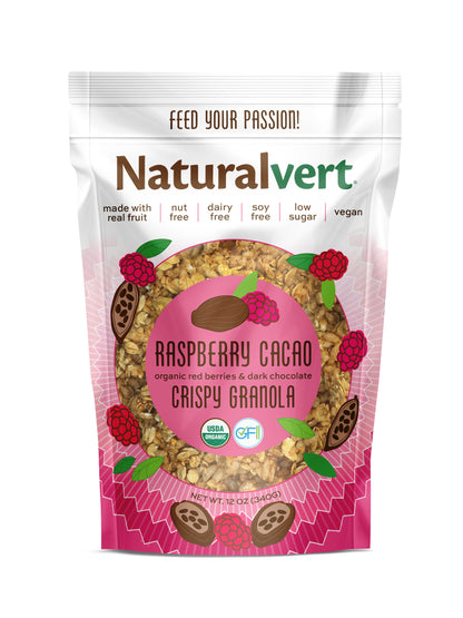Raspberry Cacao Naturalvert organic gluten-free vegan granola 12oz bag, front of package