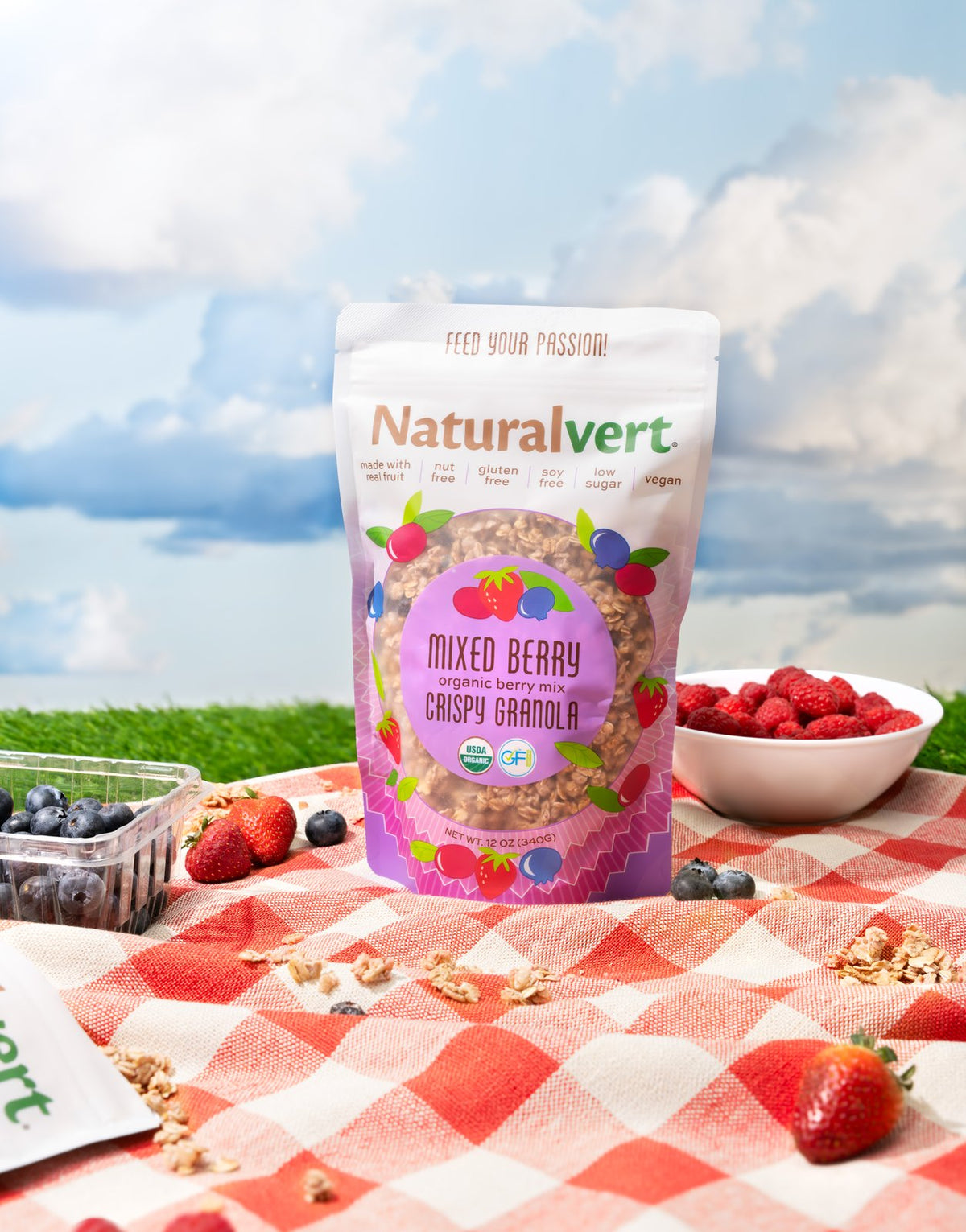 Mixed Berry Naturalvert organic granola — lifestyle photo