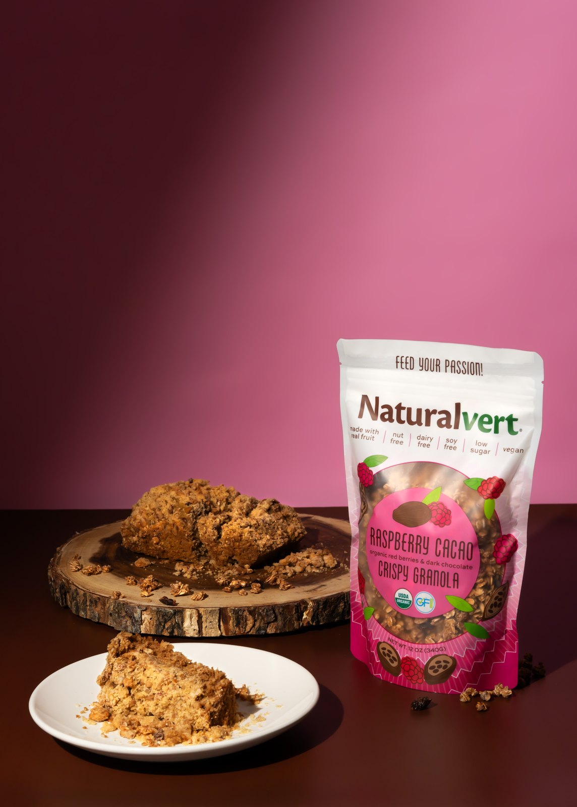 Raspberry Cacao Naturalvert organic granola — lifestyle photo