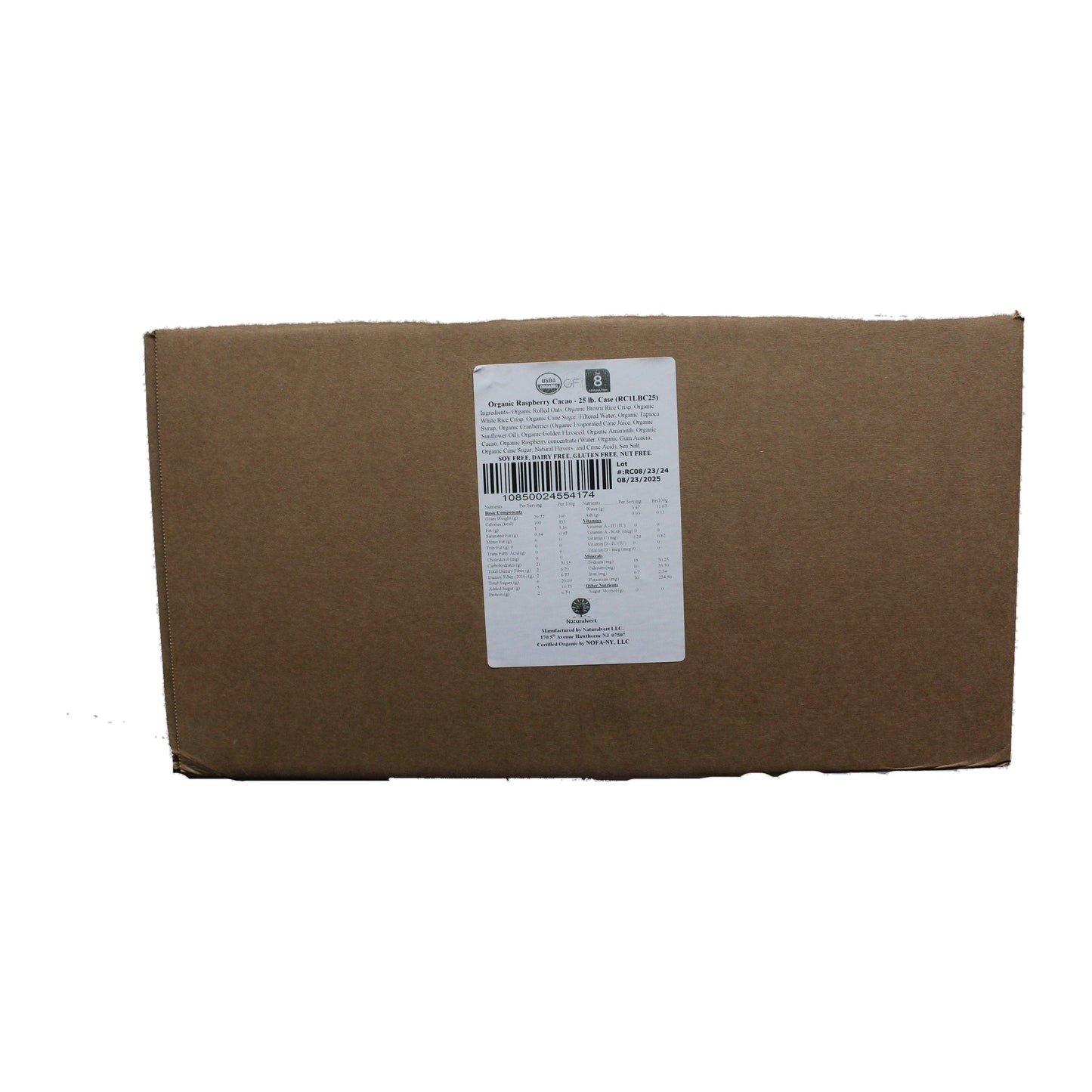 Raspberry Cacao vegan — 25 lb bulk case, box label