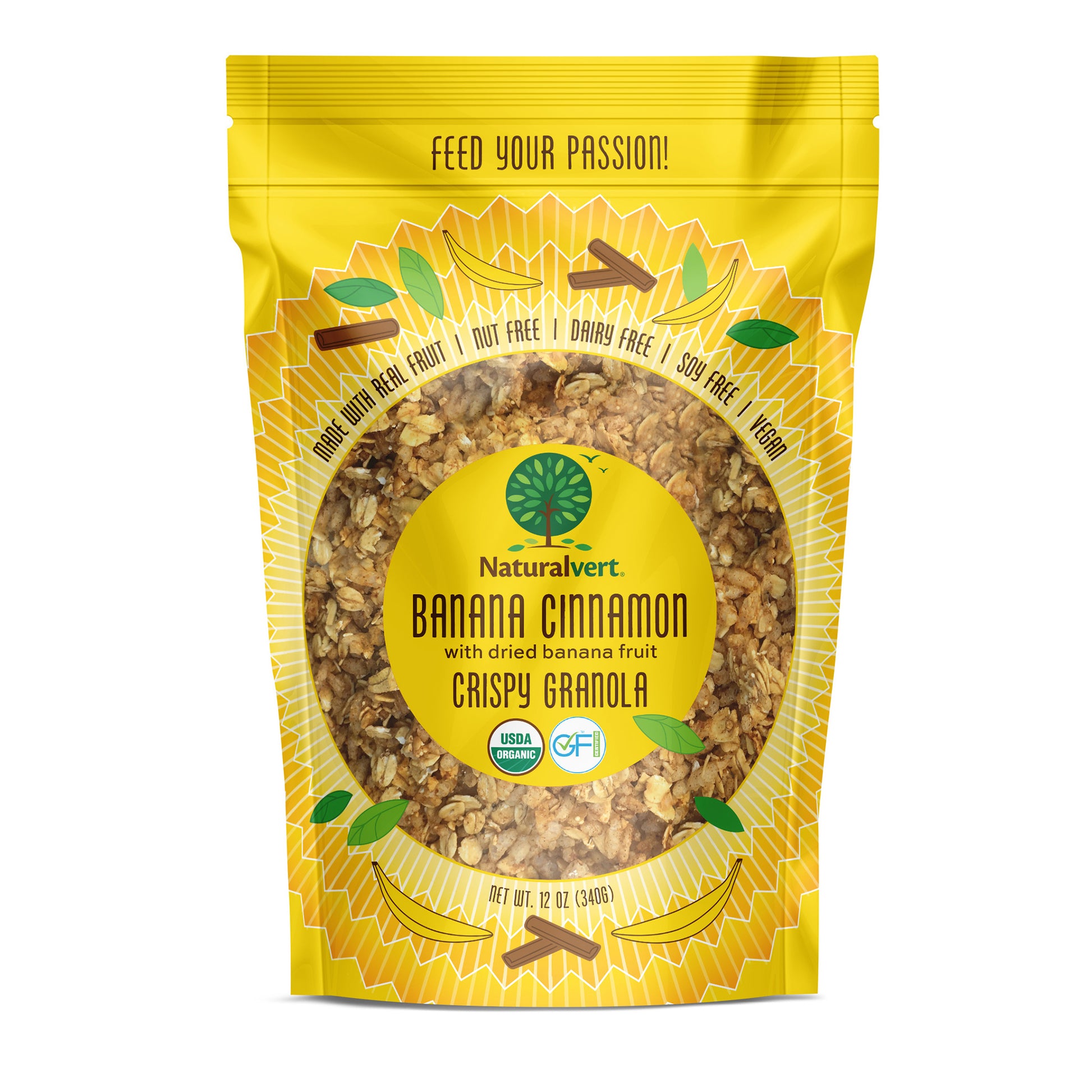 Organic, Gluten-free, vegan granola. made with real fruit. Nut free, soy free, dairy free. Flavor Banana Cinnamon with dried Fruit.