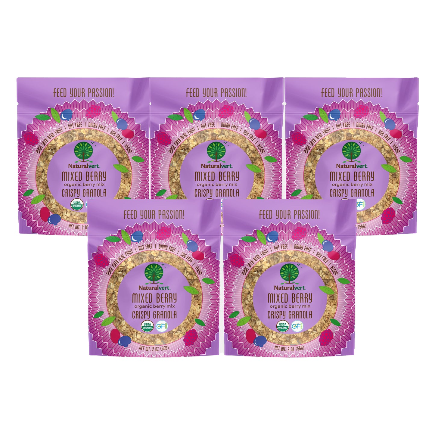 Organic, Gluten-free, vegan granola. made with real fruit. Nut free, soy free, dairy free. flavor Mixed Berry 2oz pack of 5