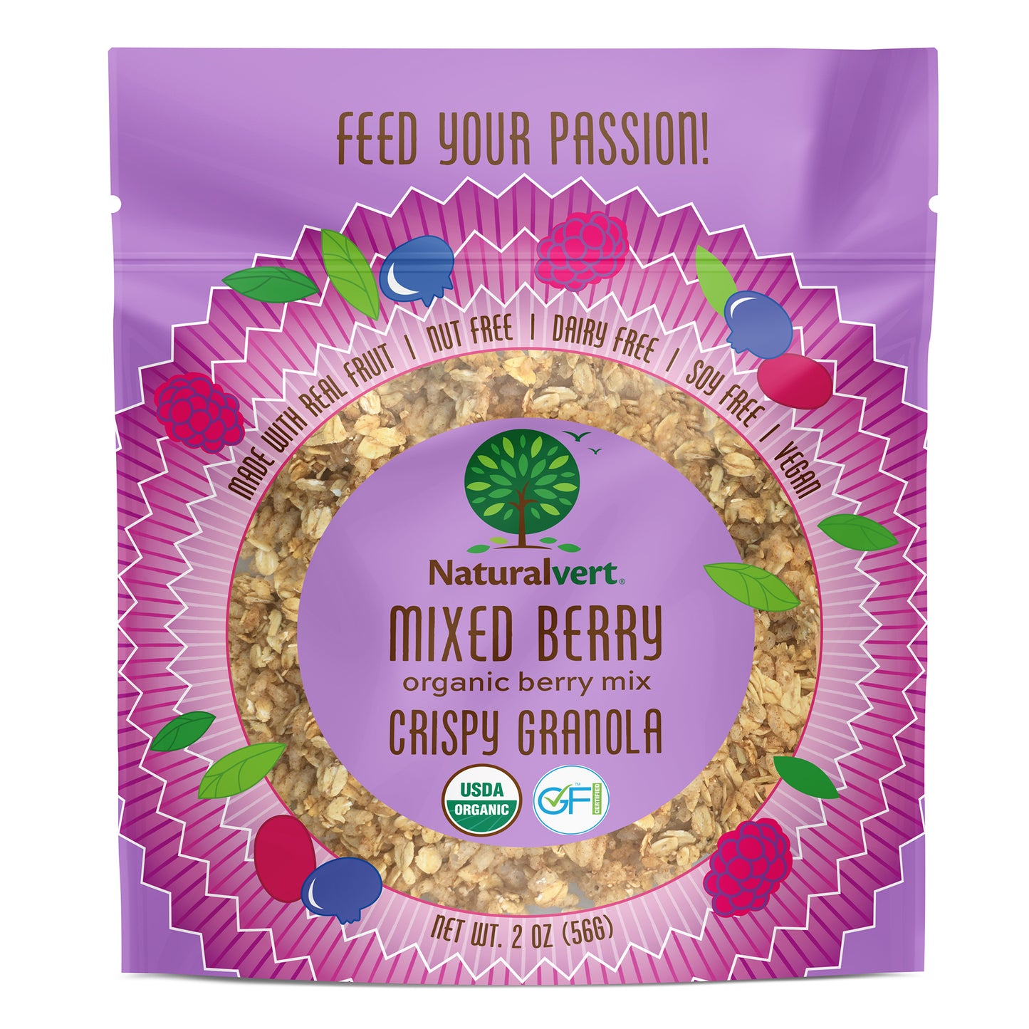 Organic, Gluten-free, vegan granola. made with real fruit. Nut free, soy free, dairy free. flavor Mixed berry 2oz