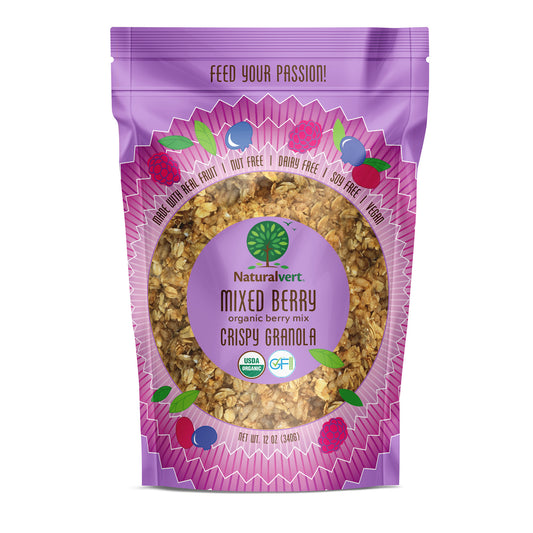 Organic, Gluten-free, vegan granola. made with real fruit. Nut free, soy free, dairy free. Flavor Mixed Berry.