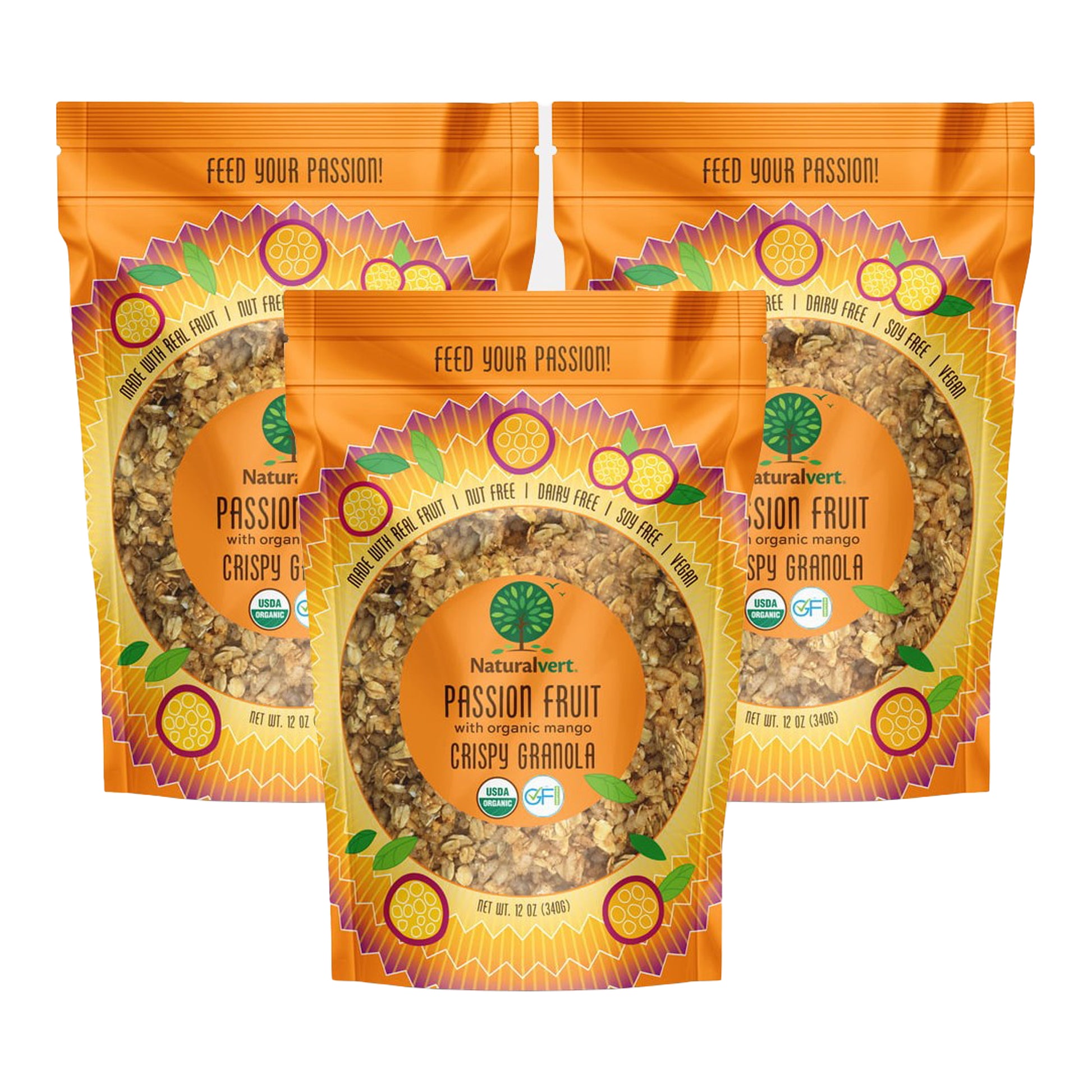 Organic, Gluten-free, vegan granola.  made with real fruit.  Nut free, soy free, dairy free.  Flavor Passion Fruit mango.