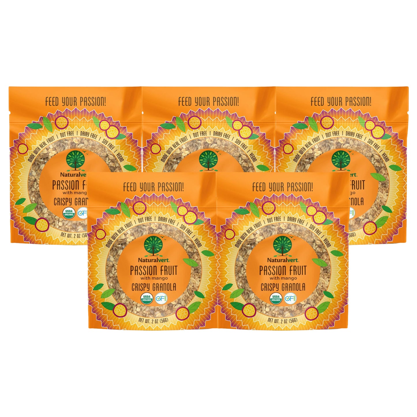 Organic, Gluten-free, vegan granola. made with real fruit. Nut free, soy free, dairy free. flavor Passion Fruit 2oz pack of 5