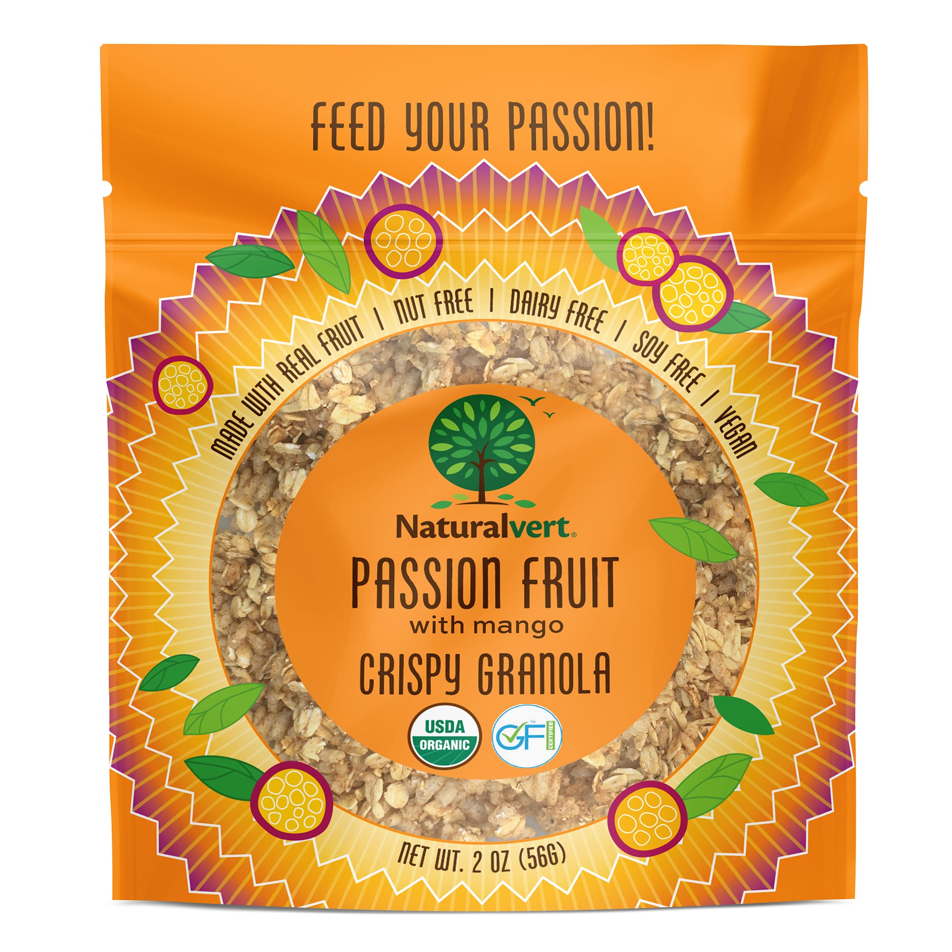 Organic, Gluten-free, vegan granola. made with real fruit. Nut free, soy free, dairy free. flavor Passion fruit 2oz