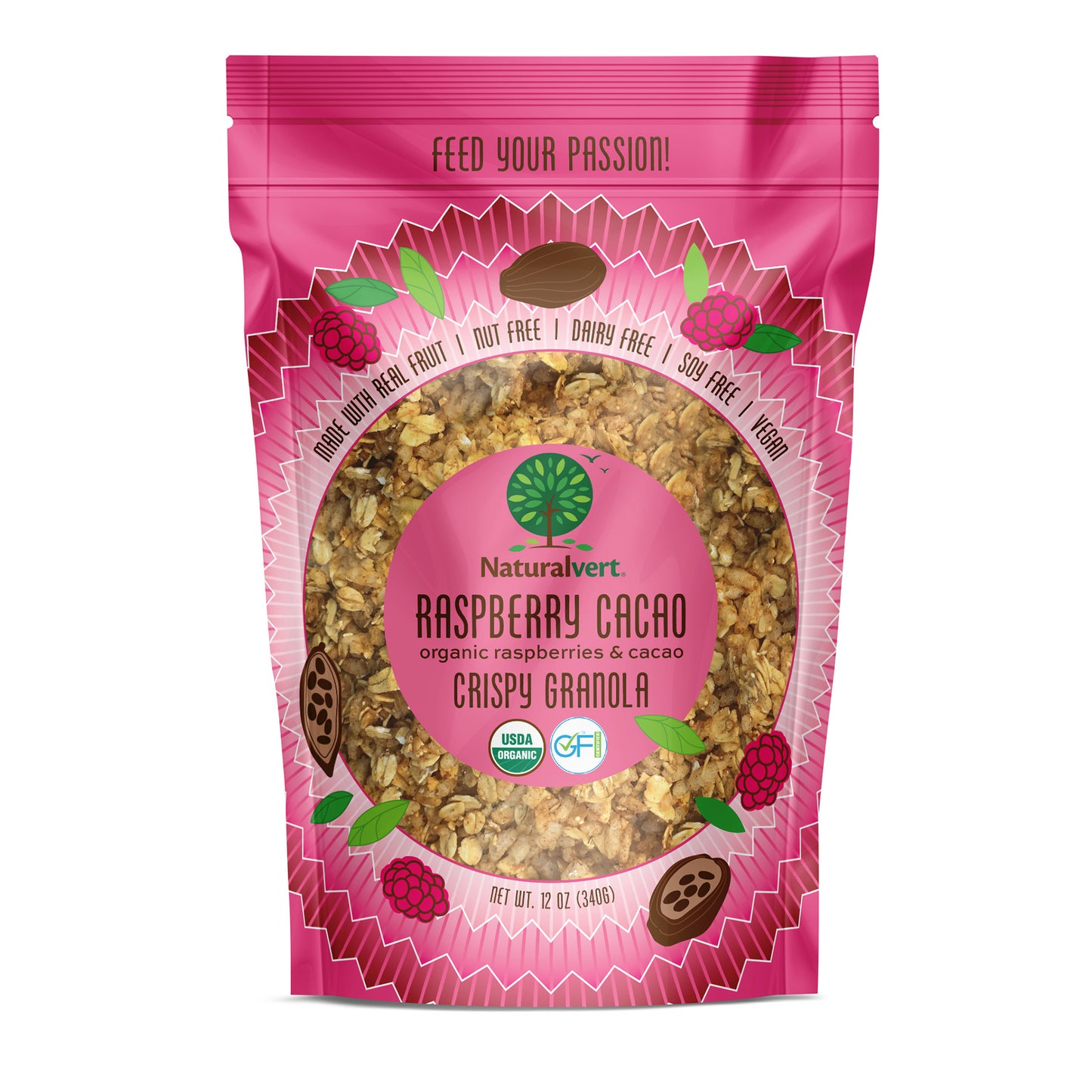 Organic, Gluten-free, vegan granola. made with real fruit. Nut free, soy free, dairy free. Raspberry Cacao flavor.