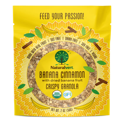 Organic, Gluten-free, vegan granola. made with real fruit. Nut free, soy free, dairy free. flavor Banana cinnamon 2oz